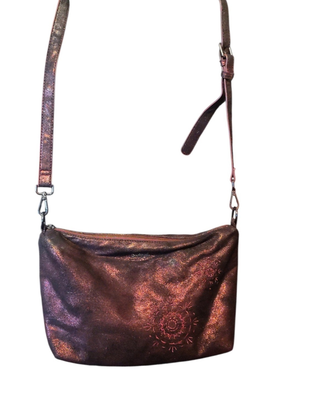 Desigual Metallic Rose Gold And Burgundy Floral Crossbody Bag